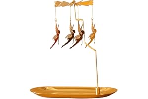 Creahaus Spinning Candle Holder with Tray, Glod Carousel Candle Spinner, Rotating Metal Tea Light Candle Holder for Table Centerpiece, Christmas, Valentine's Day, Party Decor, Gift (Gold Elves)