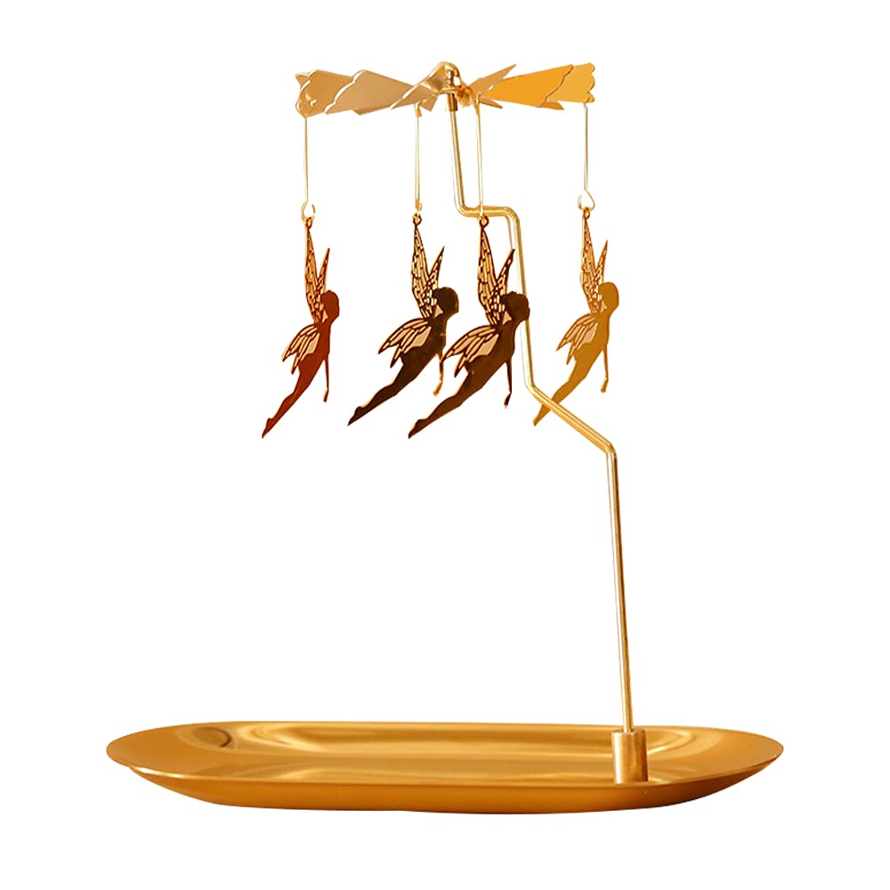 Photo 1 of Creahaus Spinning Candle Holder with Tray, Glod Carousel Candle Spinner, Rotating Metal Tea Light Candle Holder for Table Centerpiece, Christmas, Valentine's Day, Party Decor, Gift (Gold Elves)