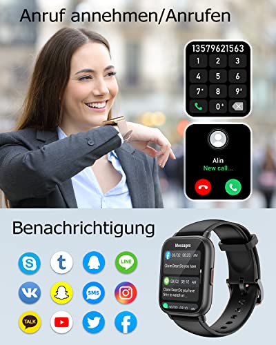 RUIMEN Smartwatch with Phone Function, Smartwatch for Men and Women, 1.85 Inch HD Screen Fitness Watch with SpO2 Monitoring, Heart Rate Monitor, Sleep Monitor, Pedometer Watch, 110+ Training Modes for Android iOS (2 Bands)