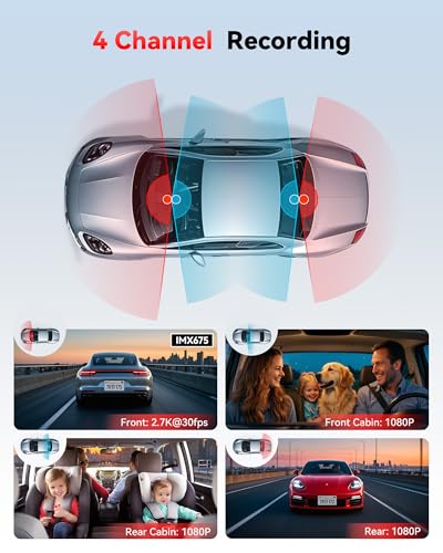 REDTIGER F17 Plus Dashcam 4 Channel Car 2.7K+1080P*3,STARVIS 2,128GB Card,Front,Interior and Rear 360°,IR Night Vision,5.8GHz WiFi,GPS,Voice Control,Parking Mode
