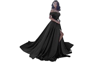 HOMDOR Off Shoulder Satin Prom Dresses Ball Gown Plus Size Formal Dresses for Women Wedding Dress with Slit