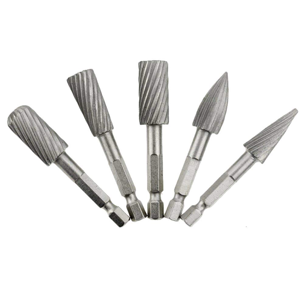 Gasea 5pcs Single Cut Head Hss Rotary Burr Set 1/4 Inch Shank Rotary File Cutter File Rasp Drill Bit Set