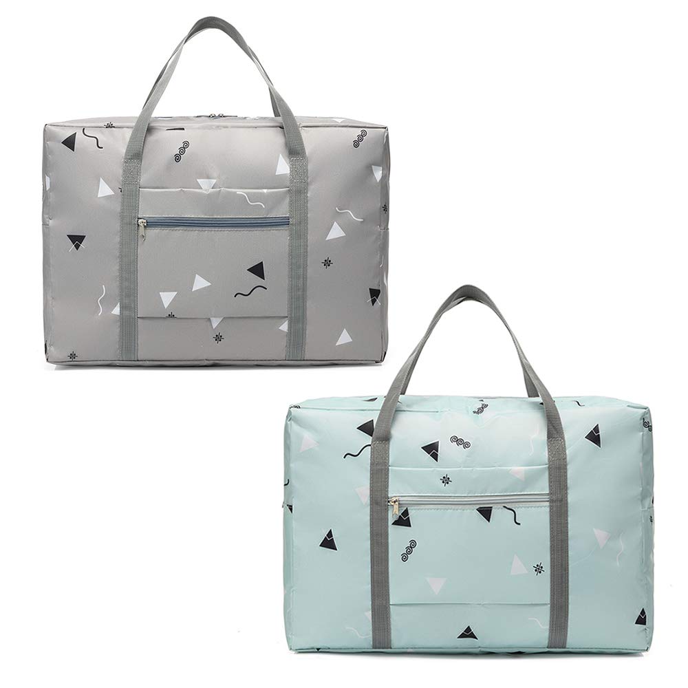 2 Pack Foldable Travel Duffel Bag with Fixed on The Trolley Case, Lightweight Hand Luggage Cabin Sized Carry On Weekend Bag for Vacation, Sports, Shopping (Gray, Green)