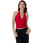 SUUKSESS Women Deep V Built in Bra Cowl Halter Tops Going Out Open Back Tank Tops