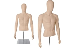 YUMHOME Male Half Body Mannequin Torso with Stand Skin Dress Form Plastic Detachable Manikin Stand Height 32" - 48" High Stability Metal Base