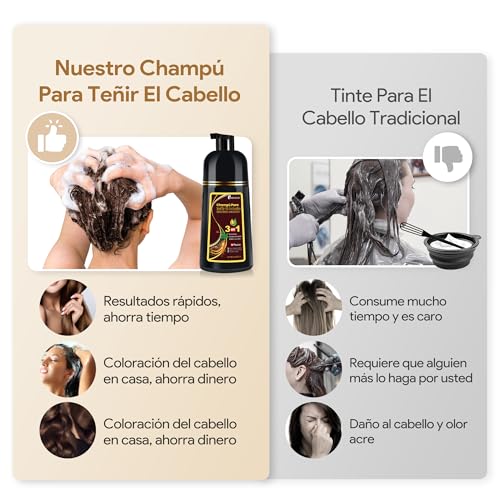 Dark Brown Hair Dye Shampoo 3 in 1, Shampoo para Canas con Tinte, Champú para Teñir el Cabello Marrón Oscuro, Champú Tinte Cubre Canas para Mujer y Hombres (500ML)
