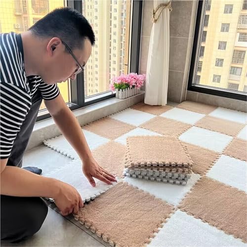 Kids Room Tiled Puzzle Play Mats with Border, 12 X 12 X 0.4 Inch Interlocking Carpet, Fluffy EVA Foam Mats, Climbing Area Carpet for Home Playroom, Exercise Play Mat(White+Khaki,56PCS)