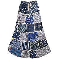 Women Maxi Skirt Patchwork Blue Rayon Vintage Flare Skirt S/M