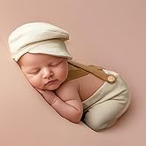 Cuvstvo Newborn Photography Outfits Boy Baby Boy Photoshoot Set 2Pcs Baby Photography Props Newborn Gentleman Suit Photography Outfits Boy Suspender Pants with Beret 0-3 Months (Cream)