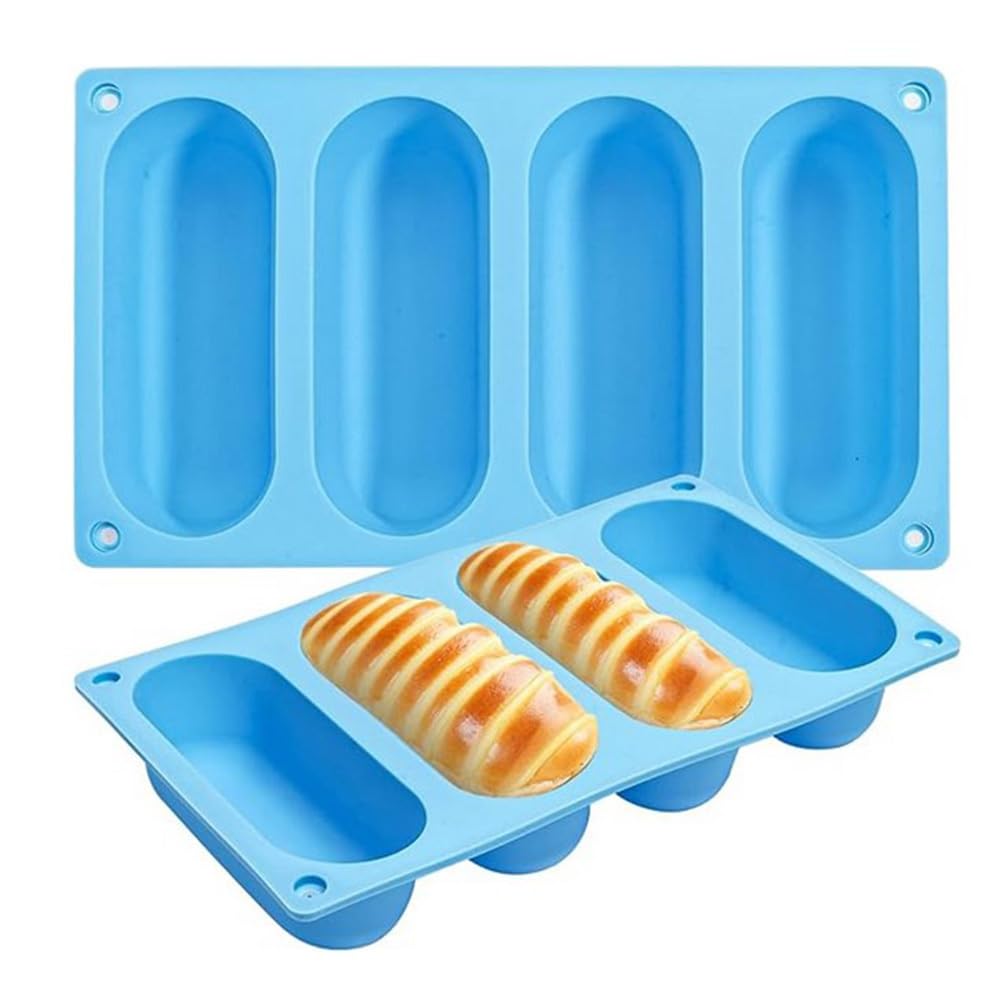 Amosfun 2pcs Silicone Baking Tray, 4 Cavity Non-Stick Bread Bun Pan, Easy Release Baguette Mold Baguette Baking Mold French Bread Mould