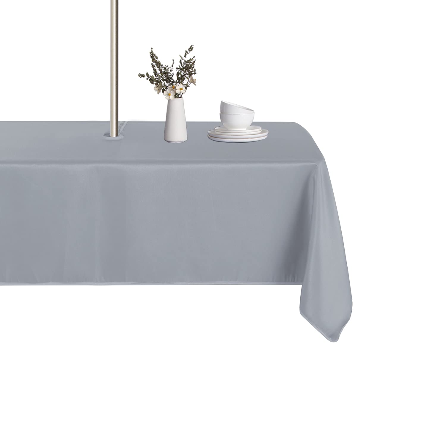 Photo 1 of LUSHVIDA Rectangle Outdoor Tablecloth with Umbrella Hole and Zipper, 52x70 Inch Silver, Washable Waterproof Table Cloth Spill Proof Wrinkle Free Table Cover for Patio Spring Summer Picnic BBQS