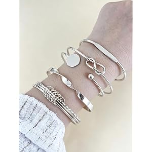 5Pcs Silver Boho Stackable Bracelets, Non-Tarnish & Textured