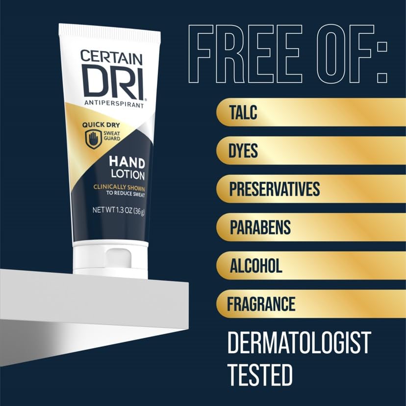 Certain Dri Antiperspirant Hand Lotion - 24-Hour Sweat Protection for Excessive Sweating & Palmar Hyperhidrosis - Fast-Drying, Non-Greasy, Fragrance-Free Formula - Dermatologist-Tested - 1.3 oz