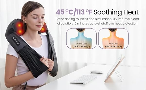 GULZO 4D SHIATSU NECK AND SHOULDER MASSAGER WITH HEAT, DEEP TISSUE BACK AND NECK MASSAGER FOR PAIN RELIEF, ECO-FRIENDLY PORTABLE MASSAGE PILLOW FOR HOME OFFICE CAR, RELAXING GIFT FOR MEN AND WOMEN