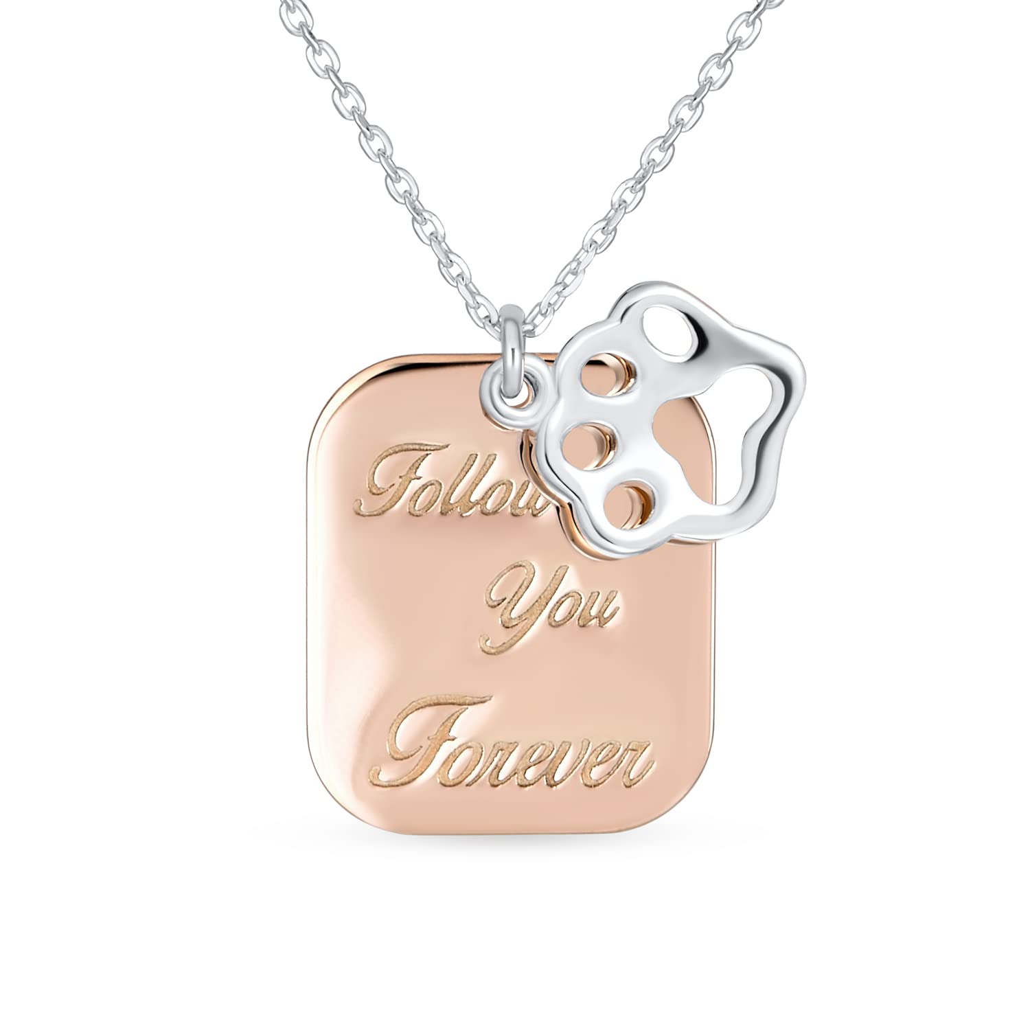 Bling Jewelry Personalized Two Tone Animal Pet Dog Cat Puppy Kitten Follow You Forever Paw Prints Dog Tag Pendant Necklace For Women Teen Rose Gold Plated .925 Sterling Silver