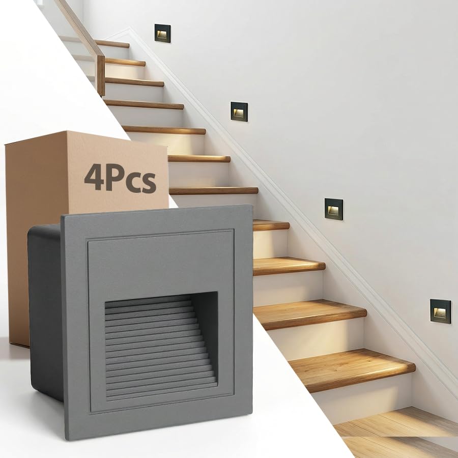 Arotelicht 4pcs/3W Wall Recessed Stair Lights,Warm White LED Step,Night Light Indoor/Outdoor,Aluminum,Garden Lighting Deck Balcony,Grey Cover,for Stairs,corridors,Steps,Garden
