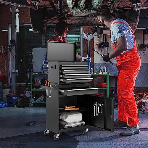 Goplus Rolling Tool Chest, 5 Drawers Tool Storage Cabinet with Universal Lockable Wheels, Detachable Top Toolbox, Lock Bar, Protective Liner, Heavy Duty Metal Tool Cart, Tool Box for Workshop Garage