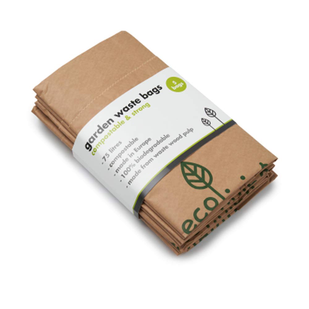 ecoLiving 75 Litre Compostable Garden Waste Bags (5 Paper Bin Bags) – Super Sturdy Paper Compostable Garden Waste Sacks – Eco Garden Waste Bags – Shredded Paper Sacks