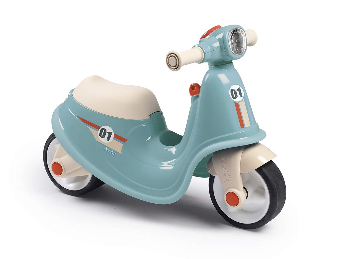 Smoby - Blue Scooter Ride-On - Realistic Design - Mechanical Key, Front Headlight - Silent Wheels - Toy Box - From 18 Months