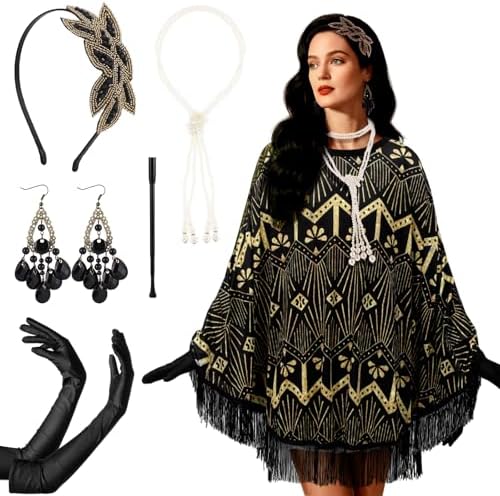 gold flapper dress costume Vintage 1920s Gold Sequined Flapper Dress, Gatsby Party Costume (Necklace, Headband)