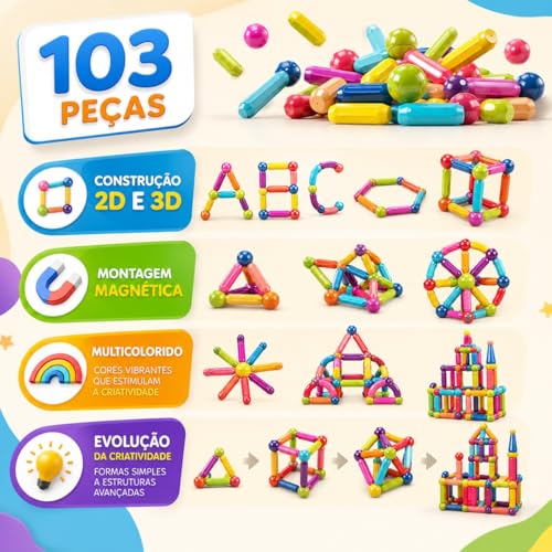 Blocos de Montar Magnéticos 64 Peças Construção 2D 3D Brinquedo Educativo Infantil Criatividade STEM Ímã Resistente Caixa