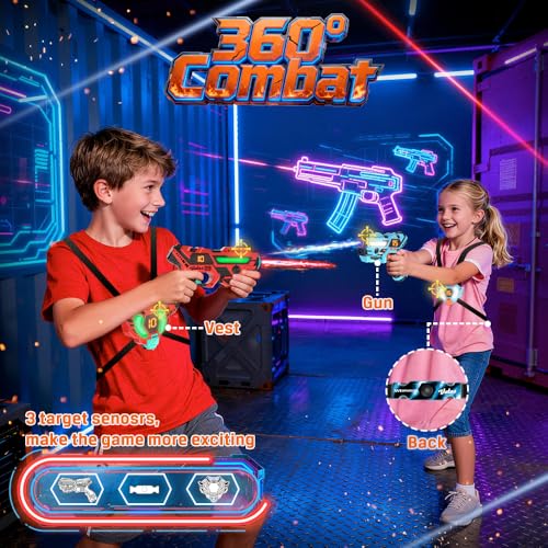 VATOS Laser Tag 360° Sensors Set of 4 Players, 2.4GHz Rechargeable Infrared Real Time Data Display Gun, Activity Game Pistols Toys for Children Aged 6+