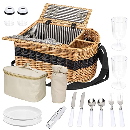 Timel Wicker Picnic Basket Set for 2 Persons, Willow Woven Basket with