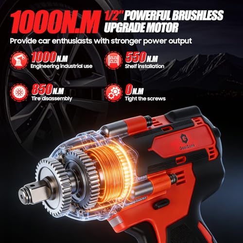 GearZone Cordless Impact Wrench 1/2 Inch, 1000 N.m Brushless Impact Gun Come with 2pcs 21V Batteries, 2800 RPM High Torque Electric Power Impact Driver Set for Car Home-Red