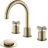 MR. FAUCET 2 Cross-Handle Gold Bathroom Sink Faucets with Waste Drain for 3 Hole 4-16 inch Deck Sink, Solid Brass Brushed Gold