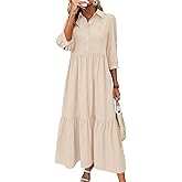 chouyatou Women's Casual Button Up Polo Collar Shirt Dress 3/4 Sleeve Ruffle Tiered Maxi Long Dress