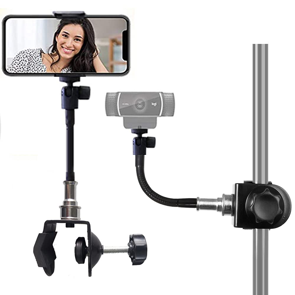 Tencro Mic Stand Phone Holder, Webcam Mount, Camera Flash Light Clamp for Cellphones, Logitech Webcam C920 C930, LED Lights, Microphone - Music Stand Holder (1/4" Threads)