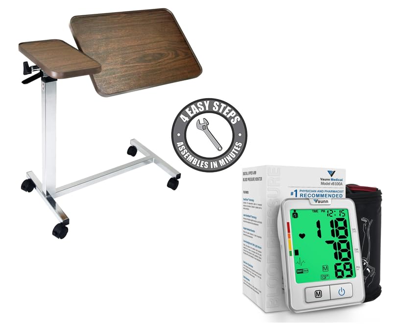 Vaunn Medical Tilt Overbed Bedside Table with Wheels and Blood Pressure Monitor Machine Bundle