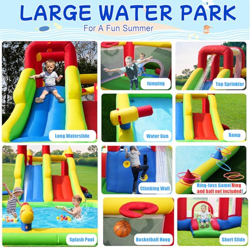 Umbalir 10-in-1 Inflatable Water Park - Giant Bounce House with 2 Water Slides, Big Splash Pool, Water Cannons, Climbing Wall, Tunnels & Obstacle Course for Endless Fun
