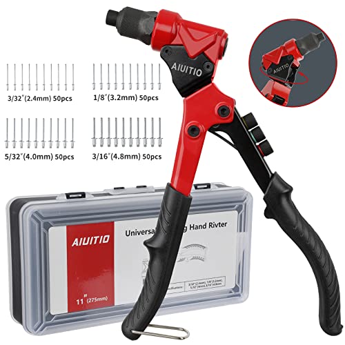 AIUITIO Rivet Gun with 200 Pcs Rivets, Hand Rivet Gun 360° Swivel Head