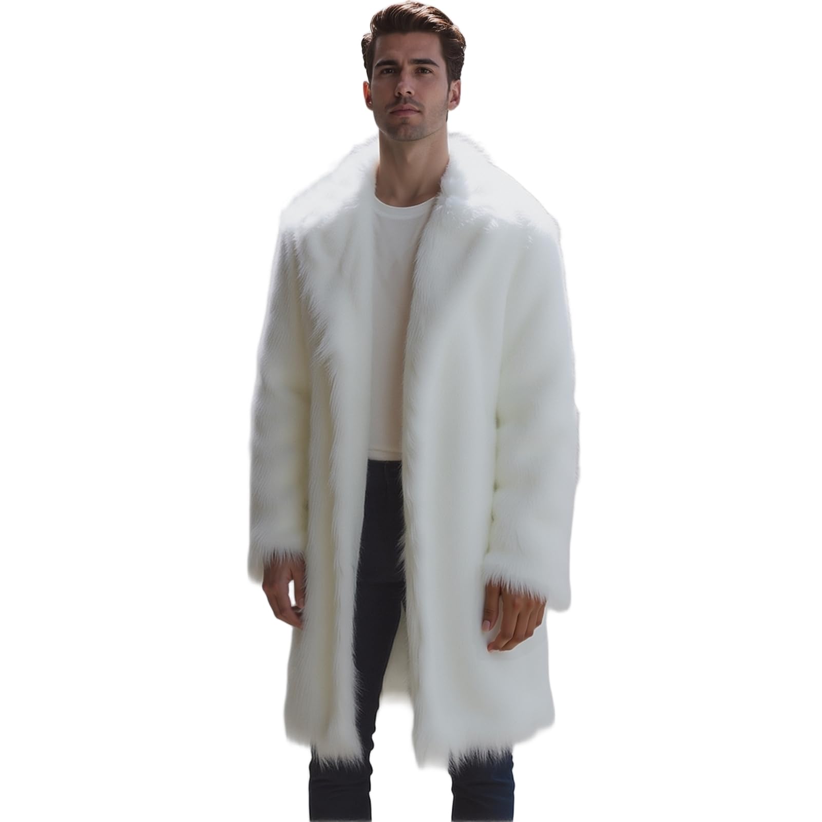 Photo 1 of Colf Men's Winter Long Sleeve Turn Collar Faux Fur Coat Outwear Long Parka Jacket Overcoat (White,Small)