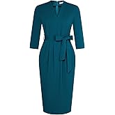 GRACE KARIN Womens Work Dresses V Neck 3/4 Sleeve Back Zipper Tie Waist Bodycon Dress Office Cocktail Dress with Pockets