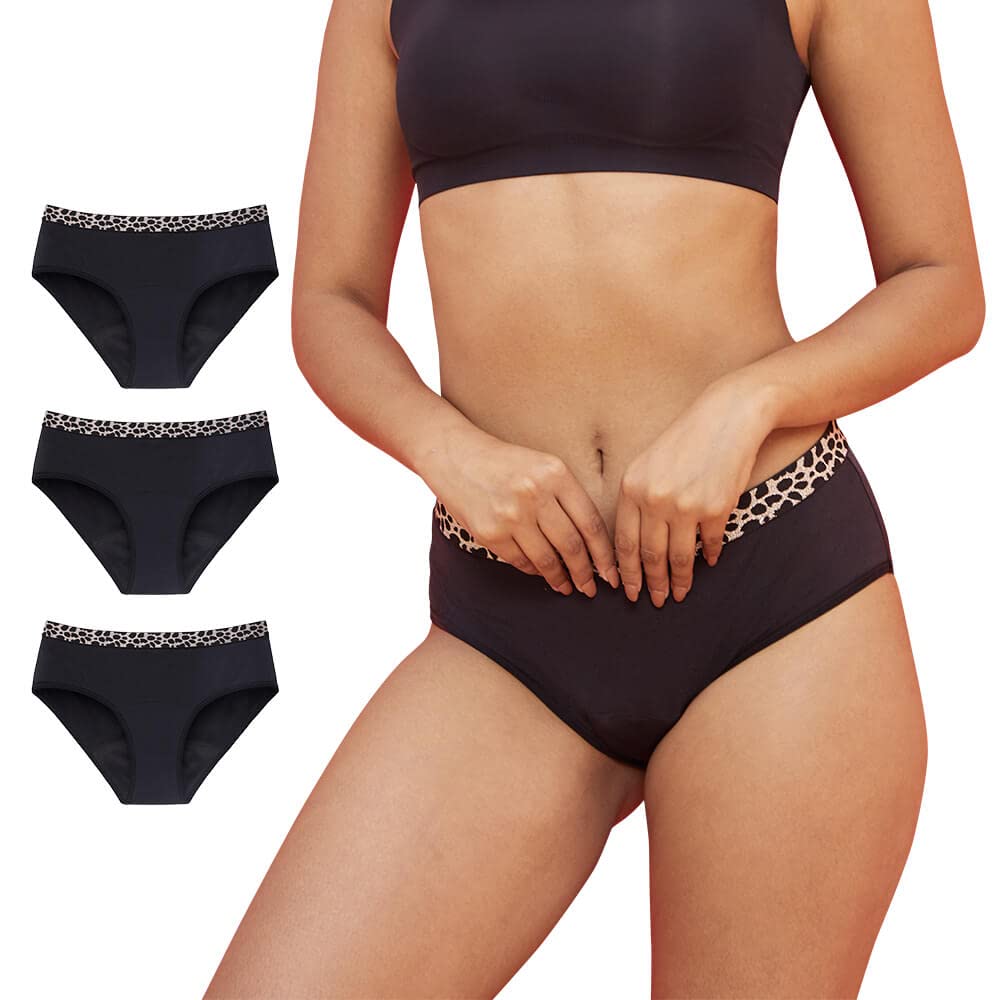 YooTime Period Underwear for Women, Leopard Hipster Stretchy Microfiber Period Panties Heavy Flow with Storage Bag Black 3Pack/S