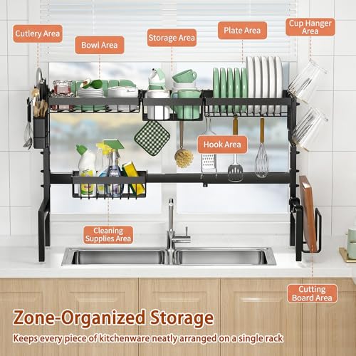 Gabeeriso Over Sink Dish Drying Stand Kitchen Organiser | 2-Tier Expandable Stainless Steel Dish Rack Adjustable 66-85cm with Drainage Tray Delivers Large Countertop Storage Capacity