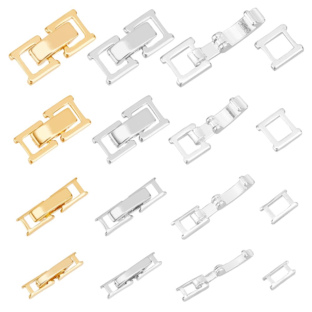 SUPERFINDINGS 16PCS 8Styles Brass Fold Over Clasps Golden Silver Bracelet Necklace Jewelry Extender Foldover Extension Watch Band Closure End Caps
