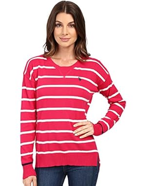 Womens Hi-Lo Hem Striped Pullover Sweater