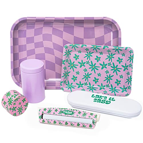 9-Piece Kit, Flowers and Checkers Pink Rolling Tray