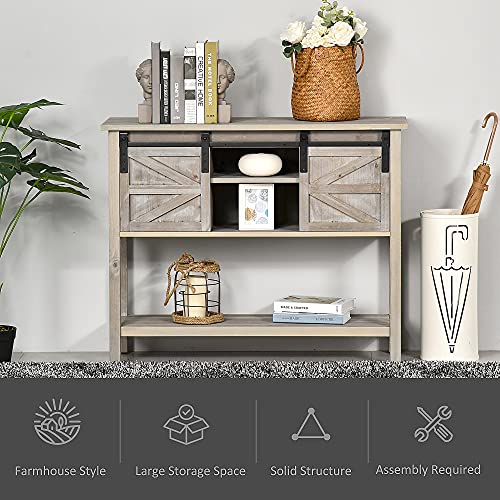 Farmhouse Style Console Table with Sliding Barn Doors and 4 Open
