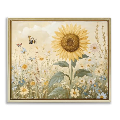 Stupell Industries Sunflower Wonder Floral Meadow Gray Framed Floater Canvas Wa…