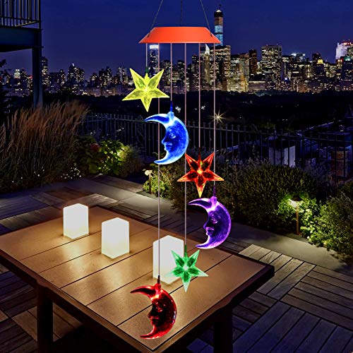 YUMAMEI Solar Wind Chimes Lights, Outdoor Moon and Star Solar Lights, Mobile Wind-Bell, Waterproof Color Changing Wind Chimes, Spiral Spinner Festival Garden Decoration (Moon & Star)