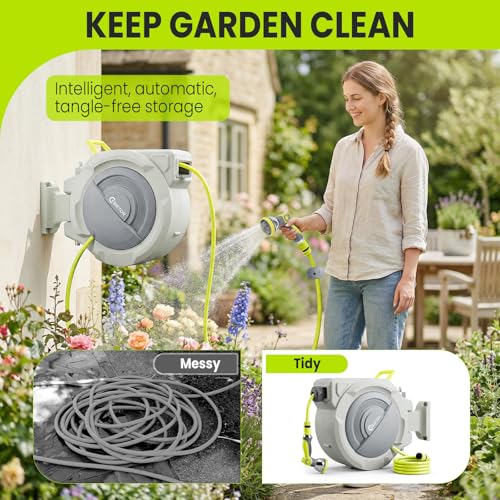 Bietor Retractable Garden Hose Reel, 1/2“ x 30m+2m Upgraded UV Resistant Heavy Duty Wall Mounted Hose Reel with 10 Patterns Nozzle, Any Length Lock, Slow Return System, 180°Swivel Bracket