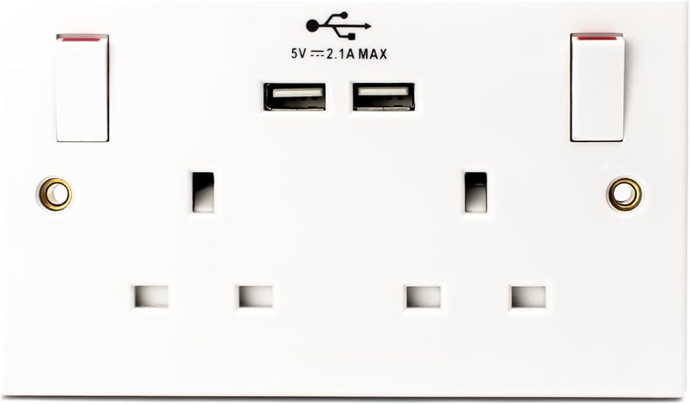 Status 13A Double Switched Plug Socket with 2 USB Ports White Plastic