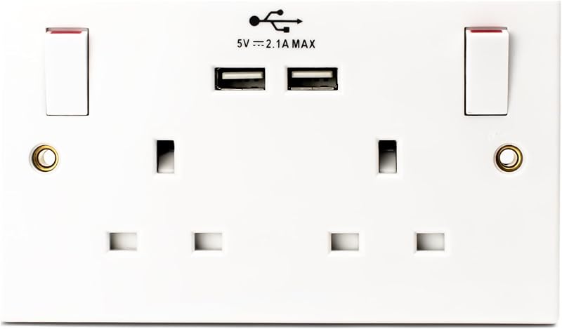 Status 13A Double Switched Plug Socket with 2 USB Ports White Plastic