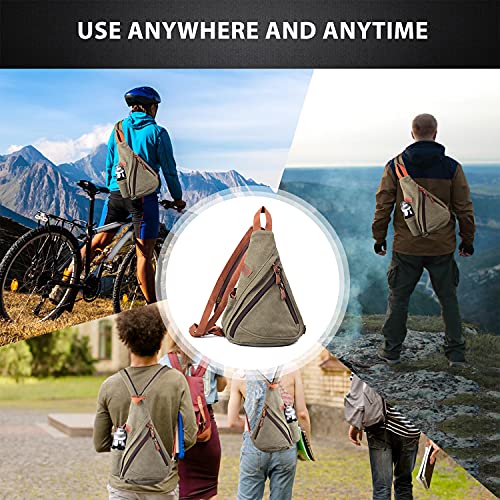 POEYLEJA Canvas Sling Bag Men & Women, Convertible Shoulder Chest Daypack, Crossbody Backpack Outdoor Hiking Travel Cycling Military Green