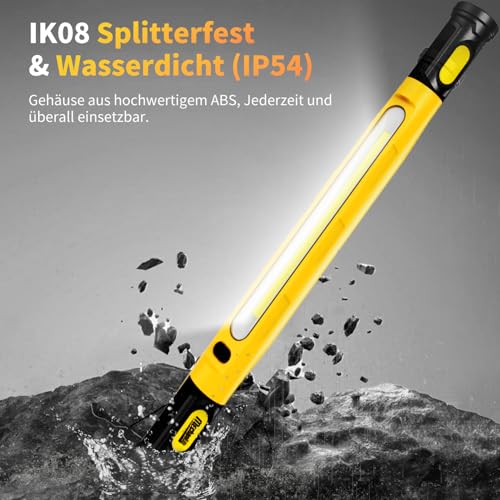 Workshop Lamp 3000LM with 3 Colour Temperatures, Work Light, LED Battery with Magnet and Hook, 5200 mAh USB-C Quick Charge, IP54 Waterproof for Car Repair, Camping, Construction Site, Garage (Yellow)