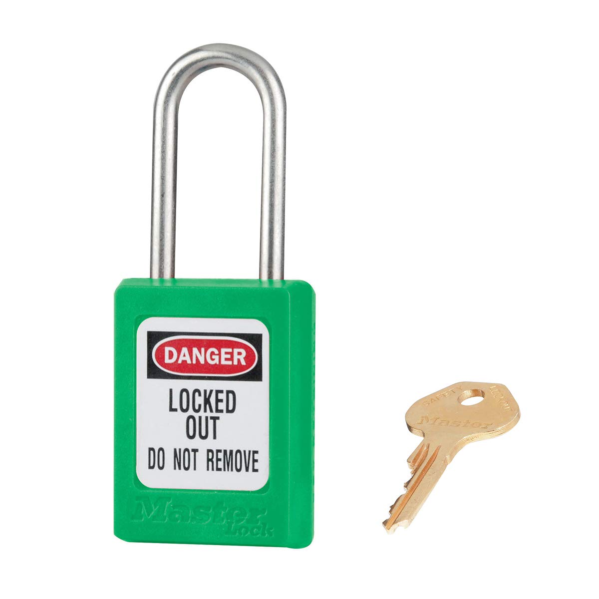 Master Lock Green Zenex™ thermoplastic Safety Padlock, 35mm Wide with 38mm Tall Stainless Steel Shackle, Key retaining, keyed Different